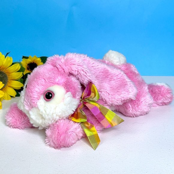 Dan Dee Floppy Pink Bunny Rabbit‎ w/Silky Bow Lovey 13" Plush Stuffed Animal Toy - Picture 1 of 5